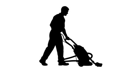 Man pushing lawn mower machine.