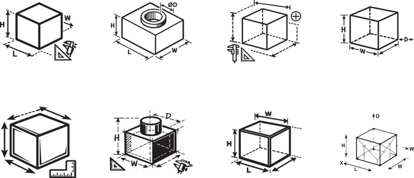 Engineering 3D modeling and prototyping outline icon set with dimensions plan drawing signs.