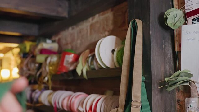 Ribbon shelf and apron strap, florist hand selecting green strap from wooden pegboard, rows of colorful spools and ribbons, scissors and tools visible, behindthescenes craft preparation, tidy