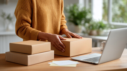 Woman packing cardboard boxes at desk, orange sweater, laptop nearby. Small business order fulfillment, e-commerce shipping preparation, home office workspace, online shop packaging, entrepreneur work