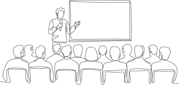 Continuous one line drawing of business speaker presenting to audience with blank presentation board in seminar concept illustration