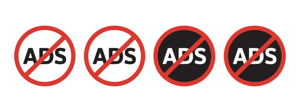 No ads sign, ad block symbol, stop ads icon, advertising prohibition, anti-ads graphic, vector illustration collection