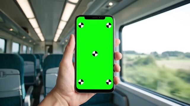 Hand Holding iPhone with Green Screen on Train Traveling Through Countryside 4k Full HD Video