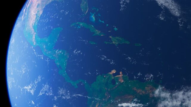Flying Above the Central America, Cuba and Mexico. Planet Earth From Space. Globe