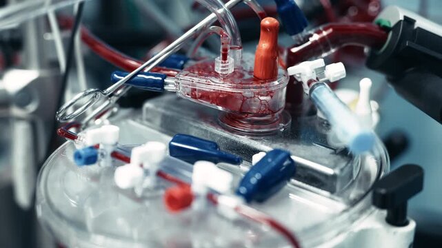 Operating room equipment ensuring continuous blood circulation during surgery. Medical technology concept.
