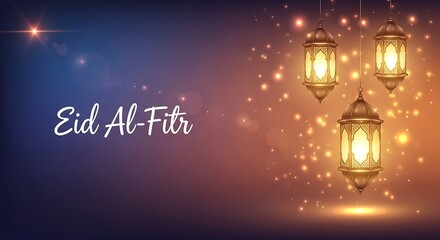 Obraz premium Colorful Eid Al-Fitr Celebration Background with Sparkling Light and Lantern Accents