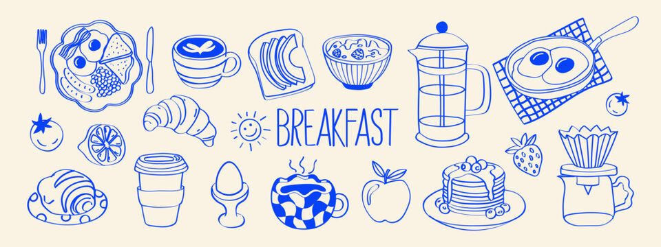 Hand drawn breakfast doodle vector set with food and coffee icons. Chalk and crayon style minimalist line art illustrations for menus, invitations and party design. La dolce vita.