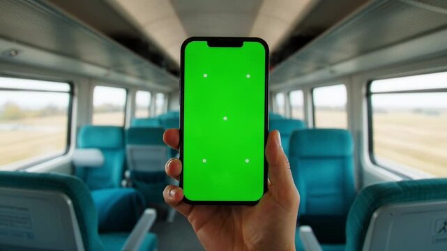 Hand Holding Smartphone with Green Screen Inside Moving Train 4k Full HD Video