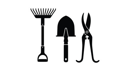 A collection of garden tools including a rake shovel and pruning shears presented as a striking silhouette high quality professional detailed © GDMala02