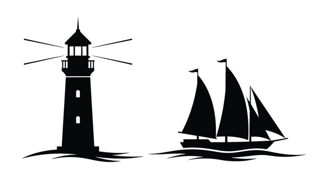 A striking black and white illustration depicts a lighthouse and sailboat against a wavy horizon a bold silhouette high quality professional