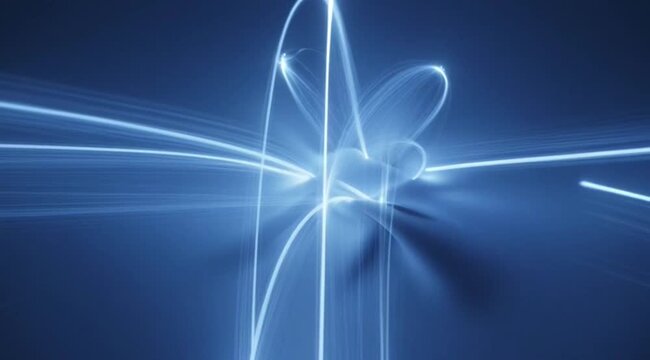 Neon Blue Light Trails symbolizing Data Transfer and Fiber Optic Connectivity for Cyber Security and Global Innovation Concept