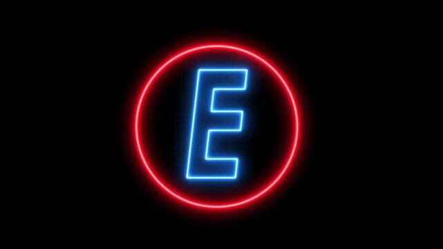 Animation of neon capital letter E on black background. blue color letter animation