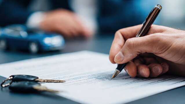 Man signing car insurance document or lease paper. Writing signature on contract or agreement. Buying or selling new or used vehicles. Car keys on table. Warranty or guarantee. Customer or salesman. M