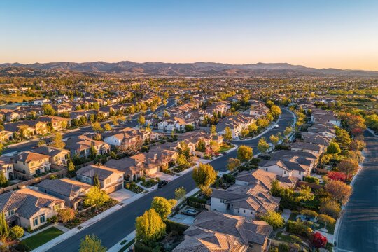 Golden Hour Aerial Scene Over Neat Suburban Blocks: Symmetry, Front Yards, and Spacious Layout