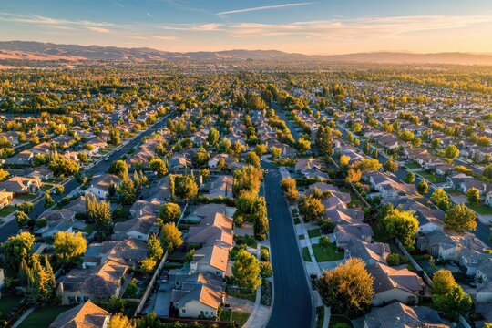 Panoramic Drone View of Neatly Arranged Suburban Districts with Uniform Rooftops and Green Landscaping