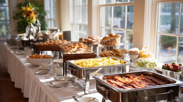 Bright breakfast buffet featuring fluffy scrambled eggs and crispy bacon in a warm dining hall
