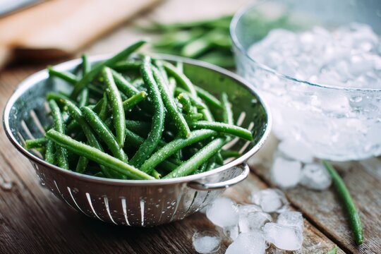 Cold-water blanching setup: green beans, colander, and ice bath on a clean kitchen table