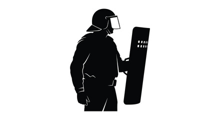 A striking black silhouette depicts a riot police officer with shield and helmet demonstrating authority and control silhouette high quality professional © GDMala02