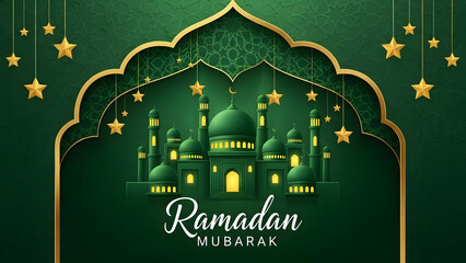 Ramadan mubarak greeting card with mosque illustration