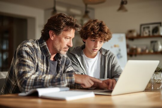 Dad guiding his teen son through laptop homework in a cozy at-home study moment