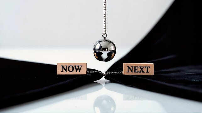 Pendulum over now and next wooden blocks. Time management and decision making. Business strategy and future planning. Psychology and mindfulness. Minimalist contrast background