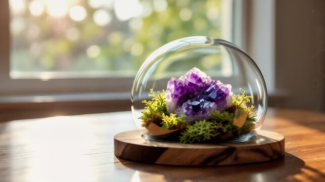 Purple amethyst crystal in glass cloche with moss. Mineral specimen in terrarium on wooden table. Home decor
