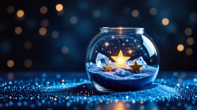 Glass bowl with golden stars and crystals on blue sand. Magical fantasy background with bokeh lights. Concept of dreams and wishes