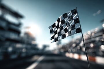 Checkered finish flag illustration at a race track, wind-swept black-and-white banner above the track in a dynamic painterly style