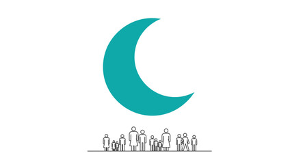 Obraz premium Teal Crescent Moon Above Diverse Group of People Silhouette