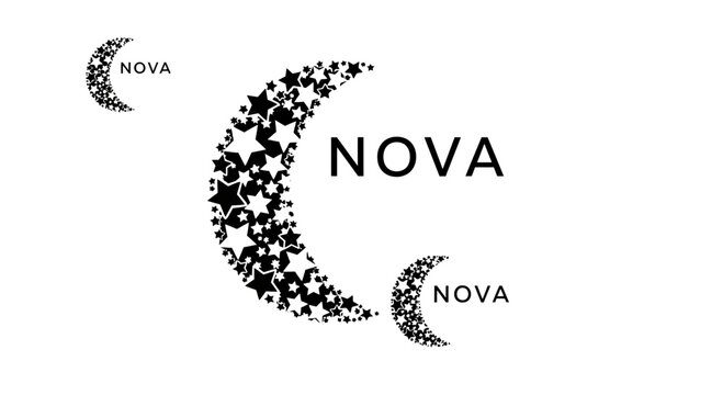 Crescent Moon made of stars with NOVA text, cosmic night sky graphic