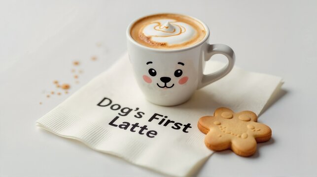 Cute mug with face containing latte on napkin with Dog's First Latte text. Pet treat and cookie