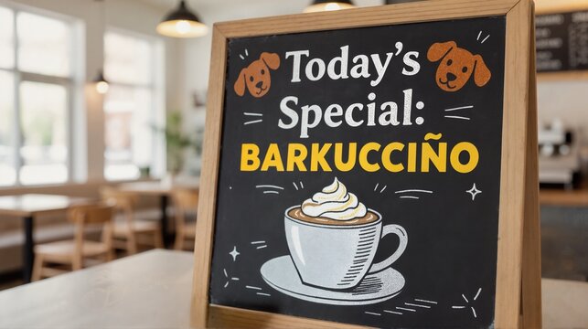 Chalkboard menu sign on wooden stand displaying Today's Special Barkuccino. Cafe interior background with tables. Pet friendly coffee shop advertisement