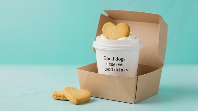 Takeout puppuccino in cardboard box with heart biscuit. Paper cup with text Good dogs deserve good drinks. Pet treat to go
