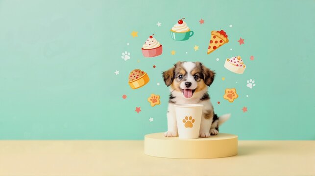 Tricolor puppy sitting on yellow podium with floating food icons. Pet birthday celebration background