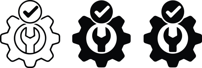 Settings gear with wrench and checkmark outline icon © Icon Stock