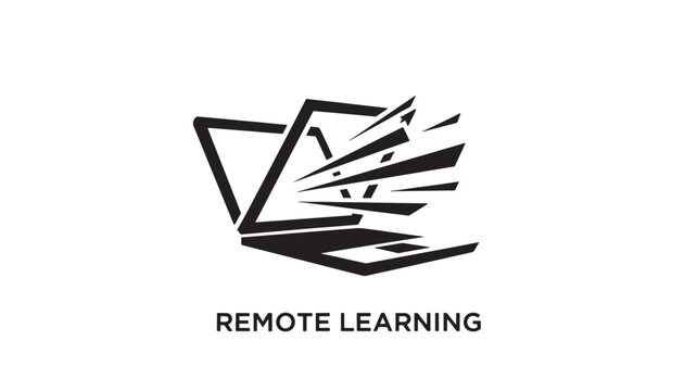 A sleek black vector graphic depicting a stylized laptop with abstract lines radiating from it, symbolizing remote learning and online education in a modern and dynamic way.