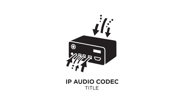 A black and white illustration of an IP audio codec device with arrows indicating audio input and output, on a plain white background.