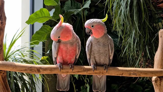  Pair of pink cockatoos perched indoors in a forest themed setting in Dubai UAE