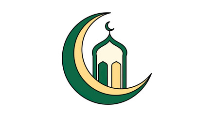 Obraz premium Islamic crescent moon and mosque symbol, green and gold, isolated on white background