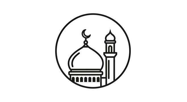 Mosque Icon, Islamic Architecture, Dome and Minaret, Crescent Moon Symbol, Simple Line Art