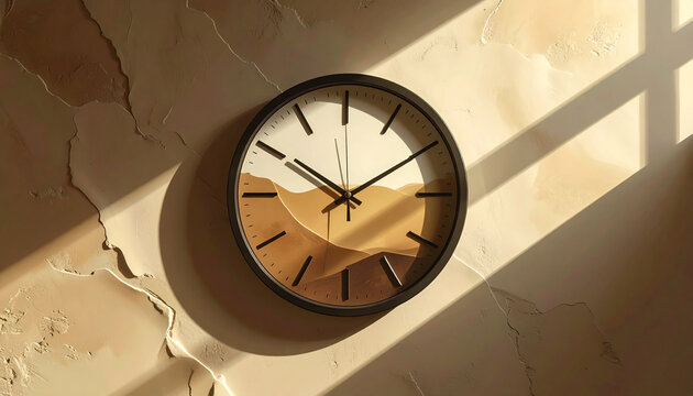 An antique Roman numeral clock with metal hands hangs on the vintage station wall of an ancient city building