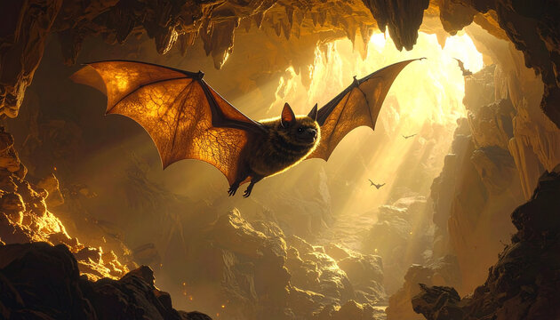 A silhouette of a bat flying through the dark night sky over a mountain landscape with a bright moon casting light over a mysterious cave and autumn forest