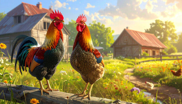 A majestic red-feathered rooster stands prominently in the lush green grass of a rural farm, showcasing its vibrant plumage as a proud domestic cockerel in a natural livestock setting