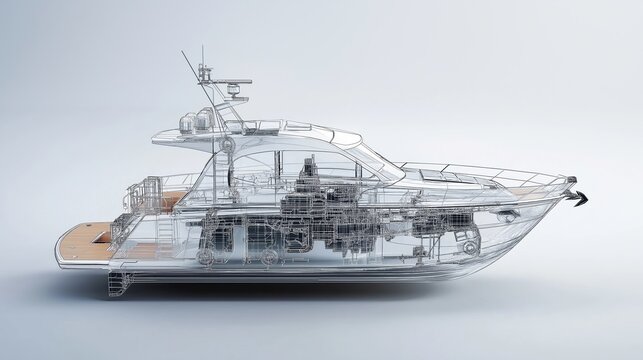 Transparent model of a speedboat showcased in a high-tech digital rendering with details