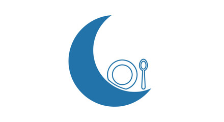 Crescent moon with plate and spoon, symbolizing nighttime dining or a celestial meal.