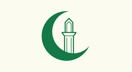 Green Crescent Moon and Minaret Icon on Cream Background