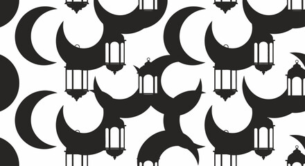 Ramadan Kareem seamless pattern with moon and lantern icons on white background