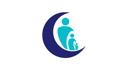 Crescent moon with family silhouette, symbolizing protection, unity, and care
