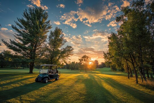 Calm travel club outing at golden hour: golf cart on a manicured fairway, vibrant grass and sunset sky