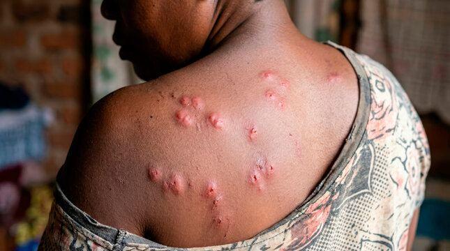 Person showing mpox virus skin lesions on back